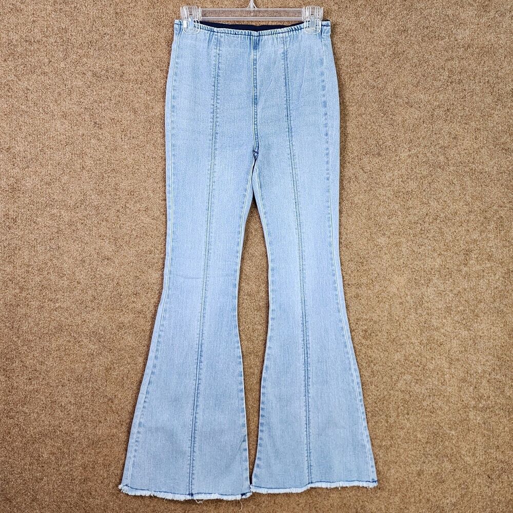 No Boundaries Elastic Waist Flare Jeans Pull-On Raw Hem Small/3-5 Stretch Blue